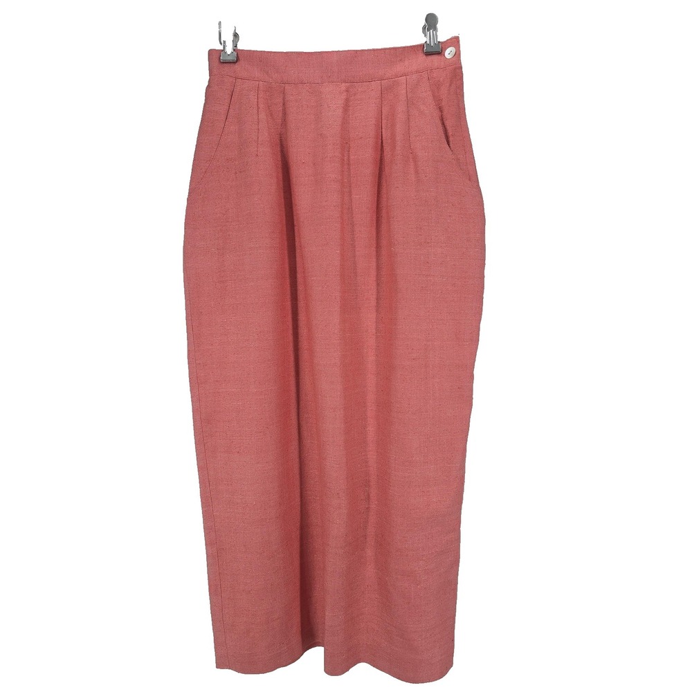 Womens 100% Silk Maxi Skirt Medium Pink Coral Pockets Pleated Slit IB Diffusion